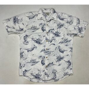 VINTAGE Banana Republic Fish Boat All Over Print Shirt Men Small White 90s